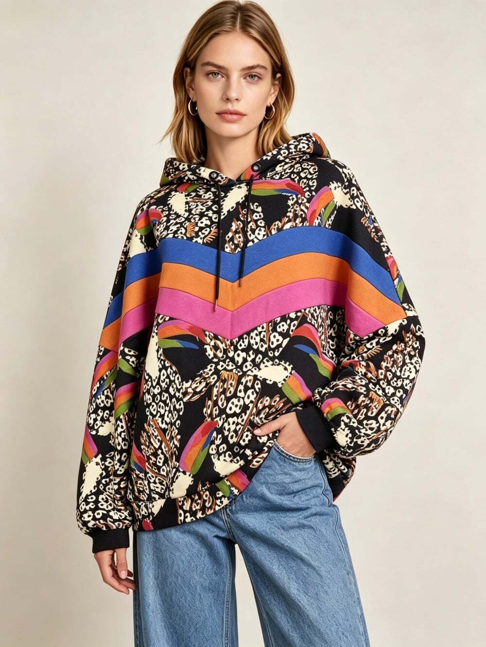 NWOT Farm Rio Leopard Toucans Print Oversized Hoodie Sweatshirt Size XS